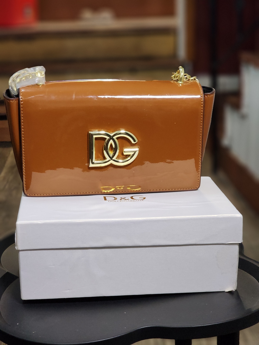 D&G Glossy Tan Patent Shoulder Bag with Gold Logo